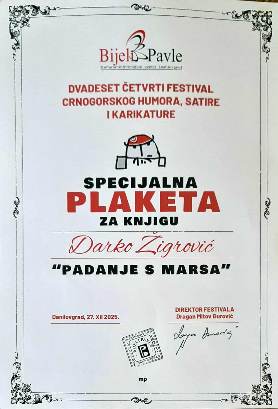 Plaketa Darko Zigrovic 2025 Danilovgrad